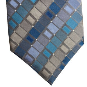 Kenneth Cole Grey Blue Square Print 100% Silk Tie